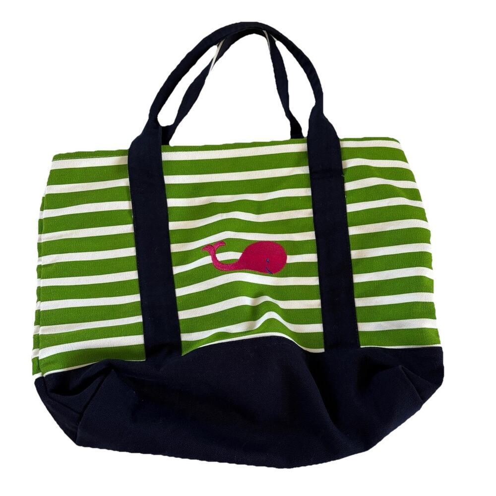 Nantucket Distributing Green & White Striped Tote Bag Pink Whale Blue Bottom